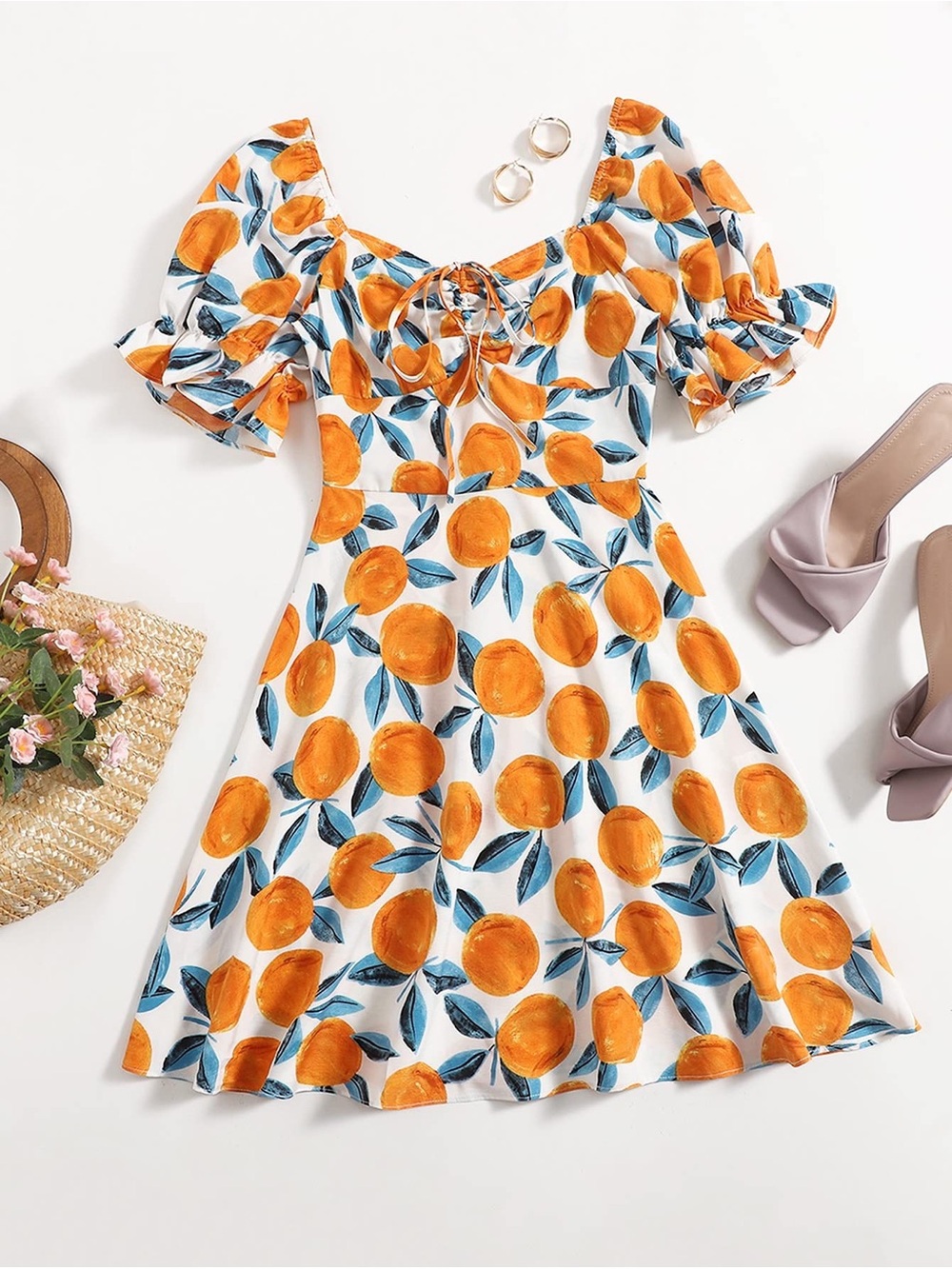 Amazon Summer Orange Print Puff-Sleeve Mini Dress/E189